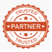 Trusted-75 a red and white stamp with text